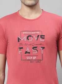 Mack Jonney Round Neck Cotton Printed Pink T-Shirt for Men