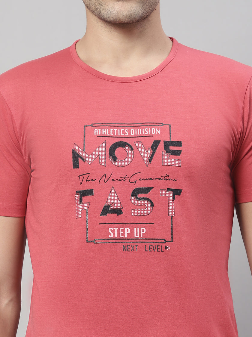 Mack Jonney Round Neck Cotton Printed Pink T-Shirt for Men