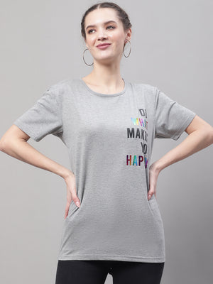 Mack Jonney Round Neck Cotton Printed Grey Melange T-Shirt for Women