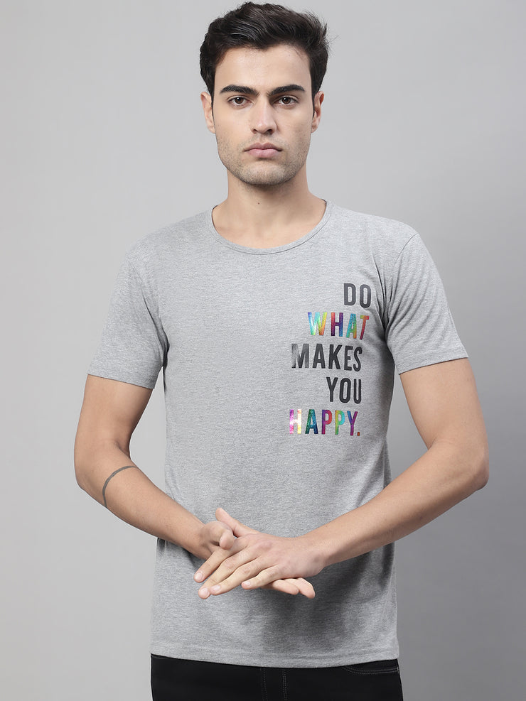 Mack Jonney Round Neck Cotton Printed Grey Melange T-Shirt for Men