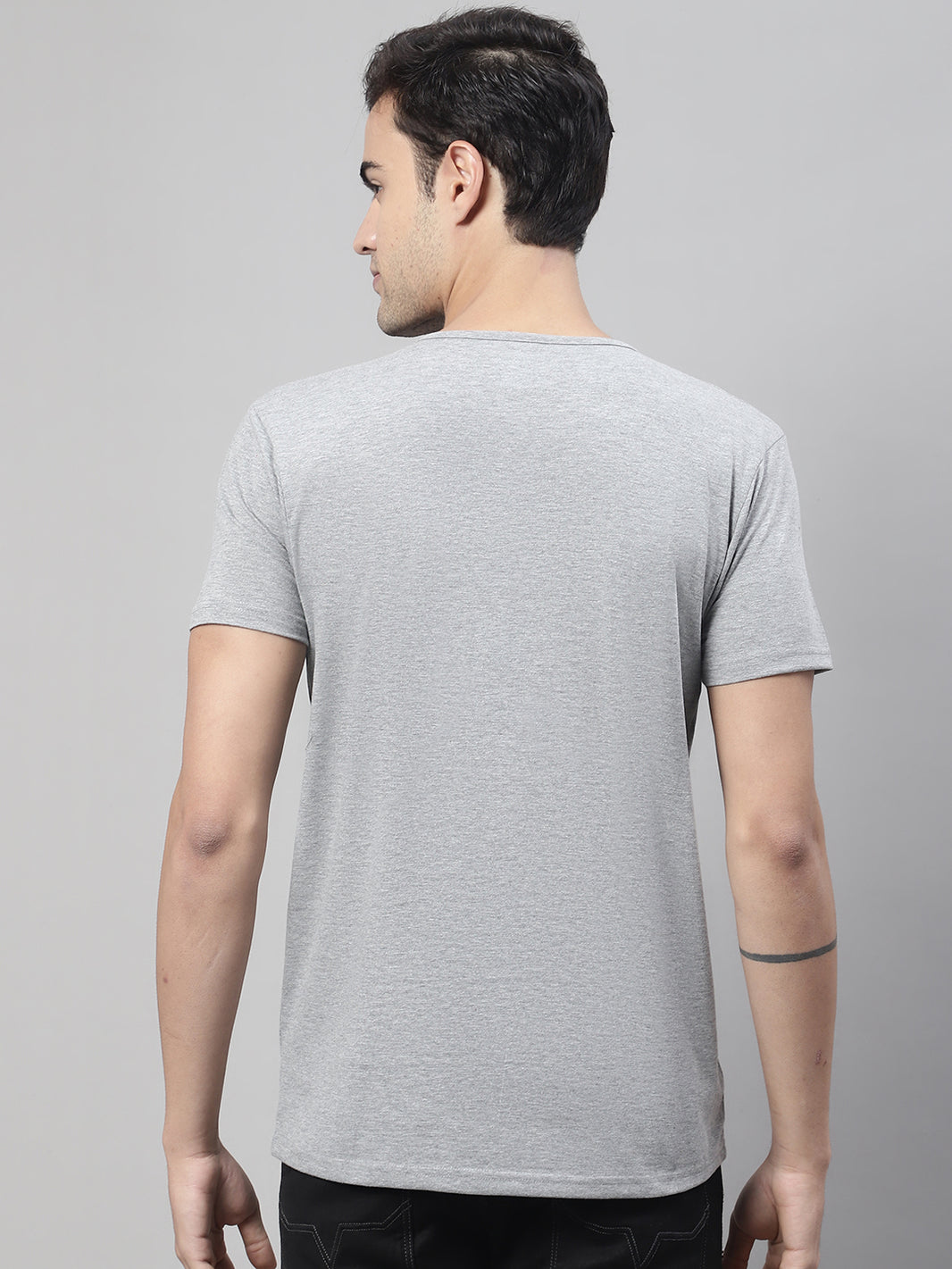 Mack Jonney Round Neck Cotton Printed Grey Melange T-Shirt for Men