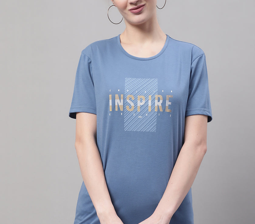 Mack Jonney Round Neck Cotton Printed Dark Grey T-Shirt for Women