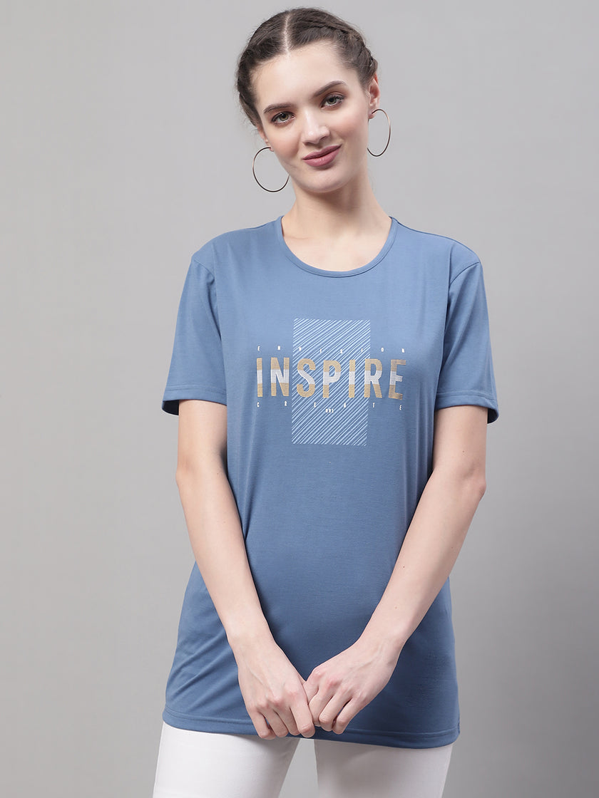 Mack Jonney Round Neck Cotton Printed Dark Grey T-Shirt for Women