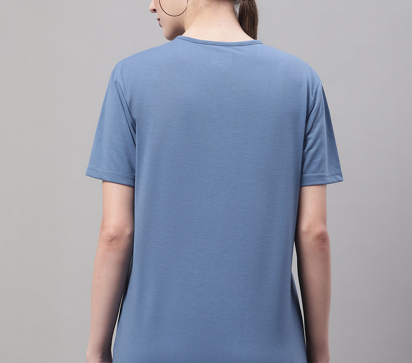 Mack Jonney Round Neck Cotton Printed Dark Grey T-Shirt for Women