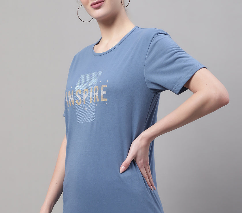 Mack Jonney Round Neck Cotton Printed Dark Grey T-Shirt for Women