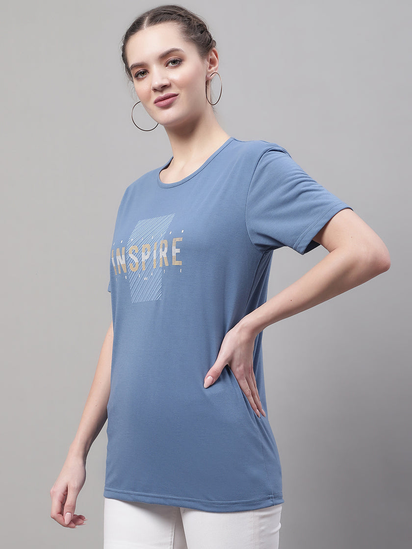 Mack Jonney Round Neck Cotton Printed Dark Grey T-Shirt for Women
