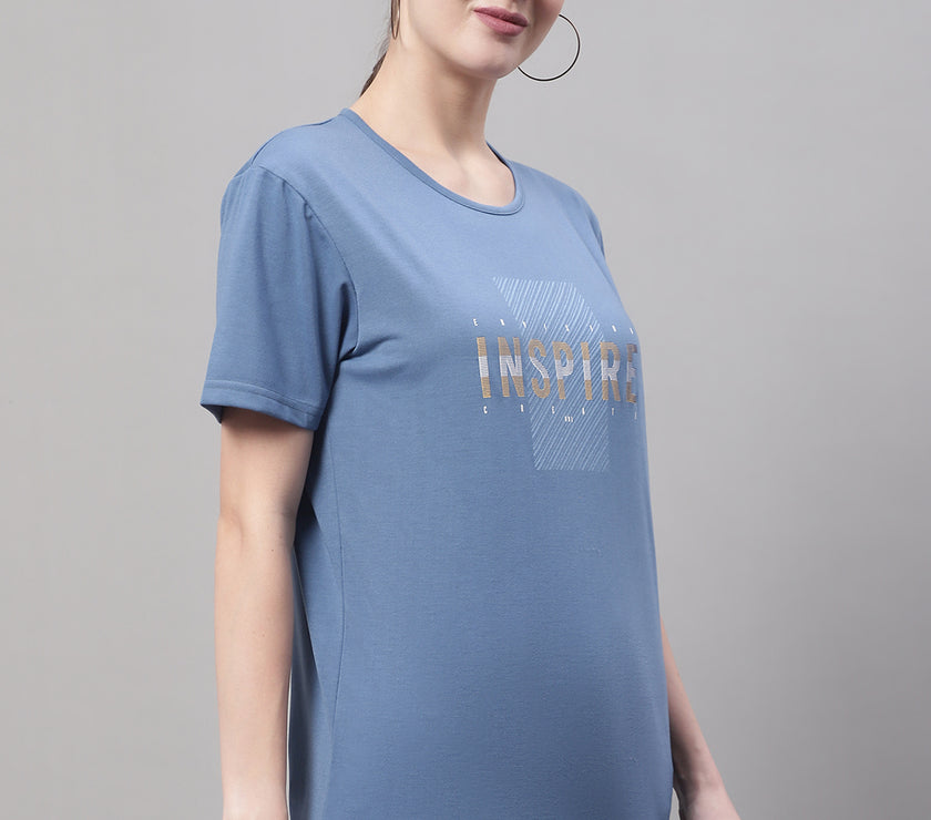 Mack Jonney Round Neck Cotton Printed Dark Grey T-Shirt for Women