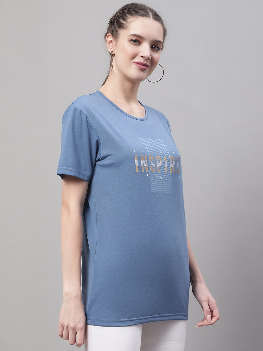 Mack Jonney Round Neck Cotton Printed Dark Grey T-Shirt for Women