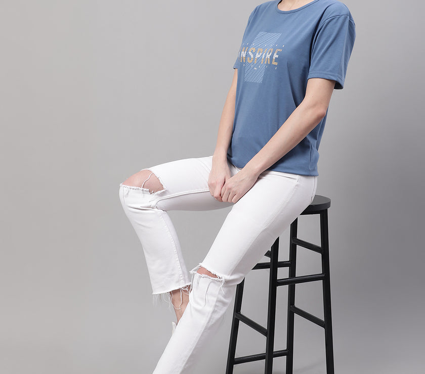 Mack Jonney Round Neck Cotton Printed Dark Grey T-Shirt for Women