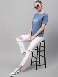 Mack Jonney Round Neck Cotton Printed Dark Grey T-Shirt for Women