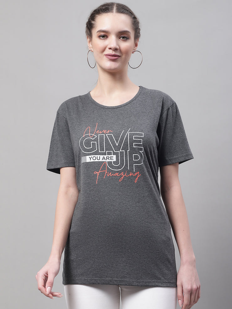 Mack Jonney Round Neck Cotton Printed Grey T-Shirt for Women