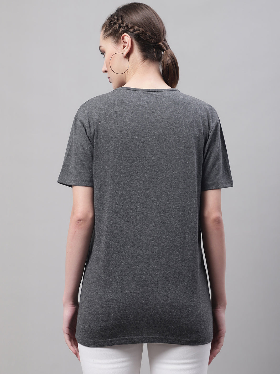 Mack Jonney Round Neck Cotton Printed Grey T-Shirt for Women