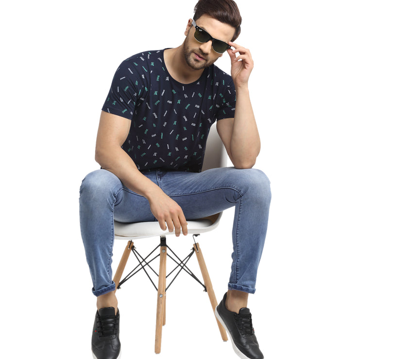 Mack JONNEY Men's Blue Printed Round Neck Tshirt