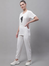 Mack Jonney White Cotton Printed Co-ord Set Tracksuit For Women