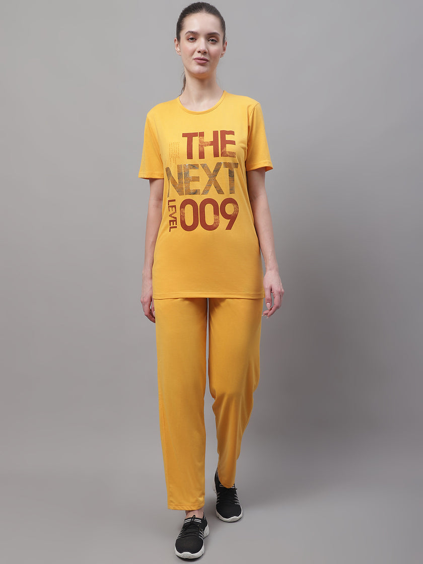 Mack Jonney Yellow Cotton Printed Co-ord Set Tracksuit For Women