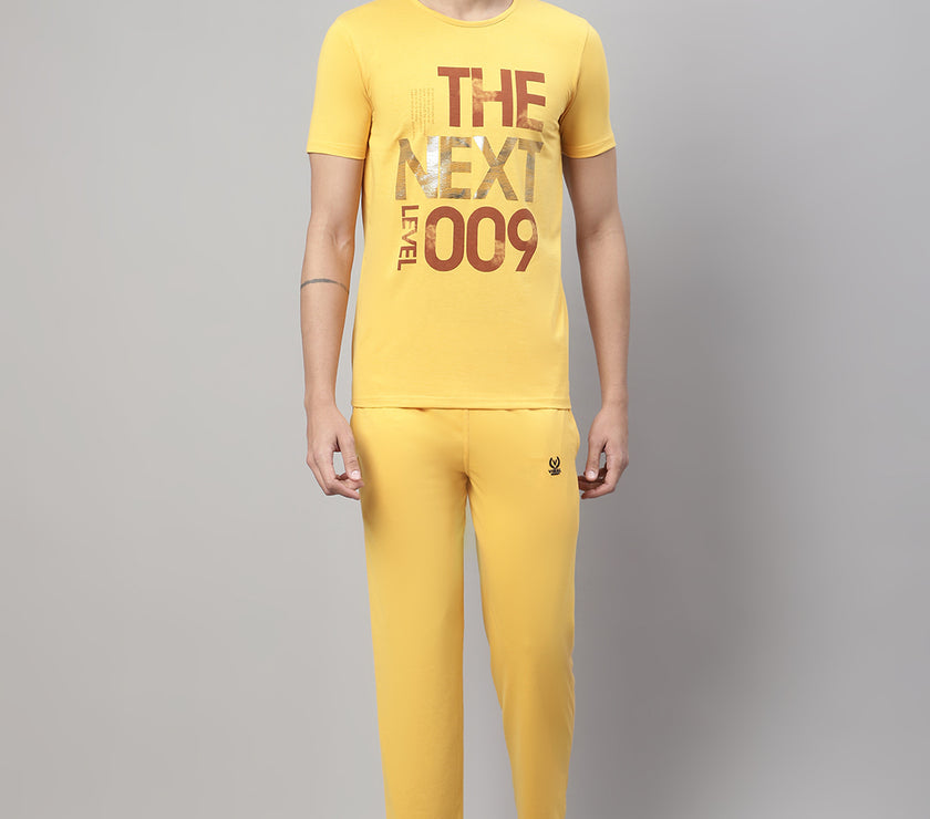 Mack Jonney Yellow Cotton Printed Co-ord Set Tracksuit For Men(Zip On 1 Side Pocket)