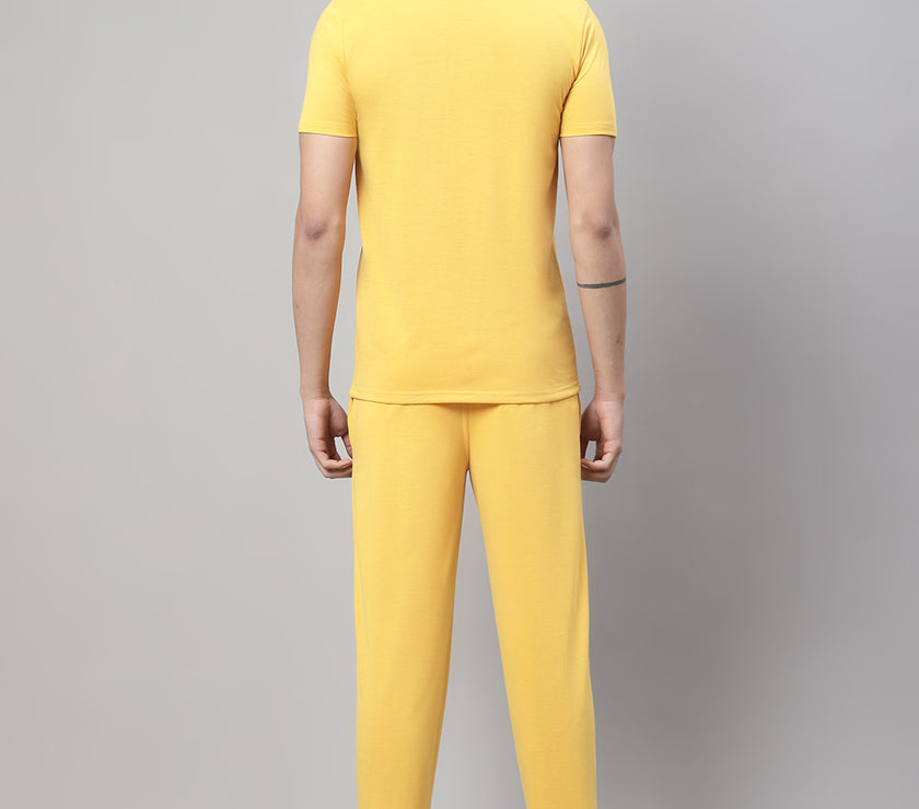 Mack Jonney Yellow Cotton Printed Co-ord Set Tracksuit For Men(Zip On 1 Side Pocket)
