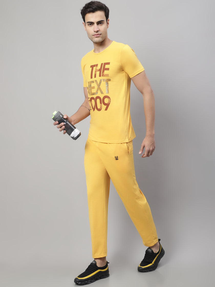 Mack Jonney Yellow Cotton Printed Co-ord Set Tracksuit For Men(Zip On 1 Side Pocket)