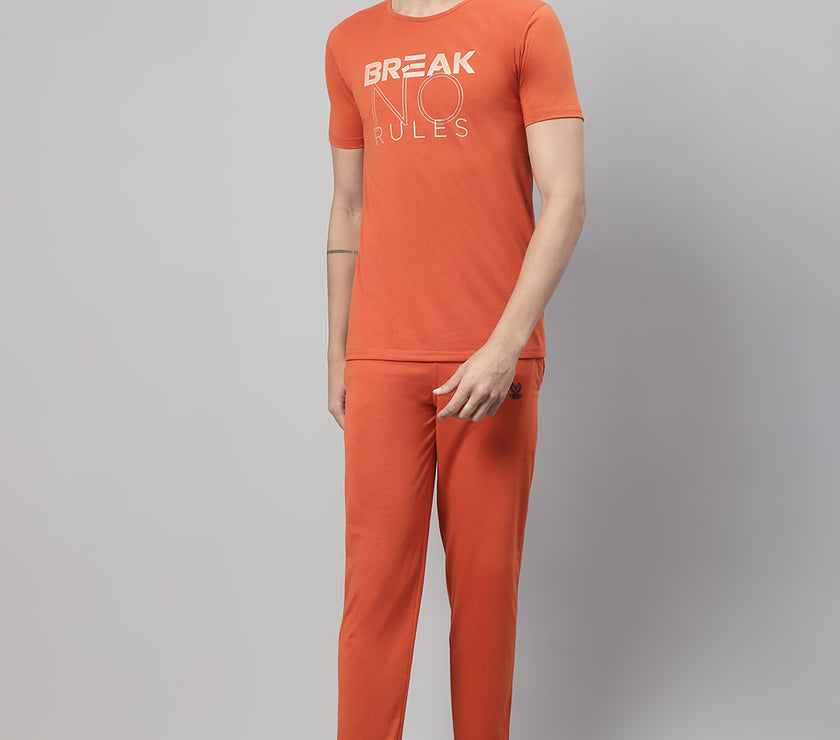 Mack Jonney Rust Cotton Printed Co-ord Set Tracksuit For Men(Zip On 1 Side Pocket)