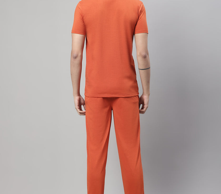 Mack Jonney Rust Cotton Printed Co-ord Set Tracksuit For Men(Zip On 1 Side Pocket)