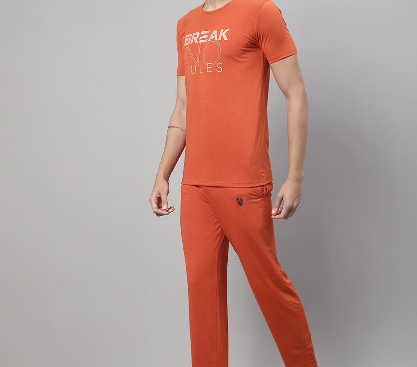Mack Jonney Rust Cotton Printed Co-ord Set Tracksuit For Men(Zip On 1 Side Pocket)