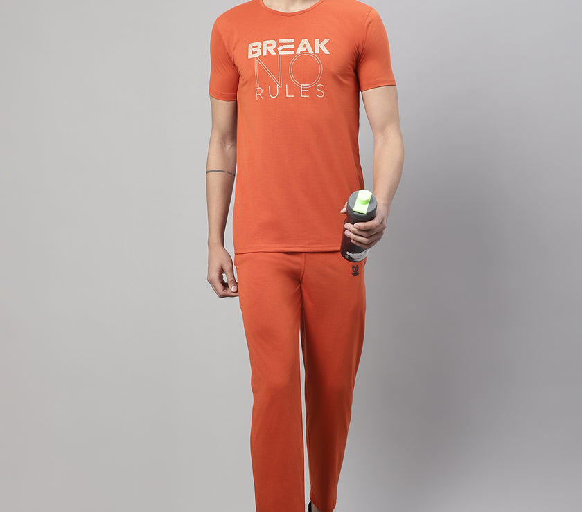 Mack Jonney Rust Cotton Printed Co-ord Set Tracksuit For Men(Zip On 1 Side Pocket)