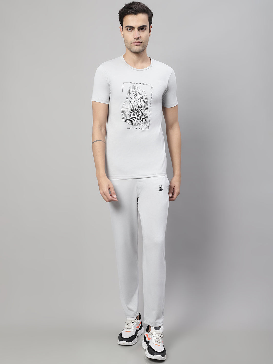 Mack Jonney Light Grey Cotton Printed Co-ord Set Tracksuit For Men(Zip On 1 Side Pocket)