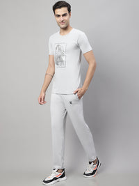 Mack Jonney Light Grey Cotton Printed Co-ord Set Tracksuit For Men(Zip On 1 Side Pocket)