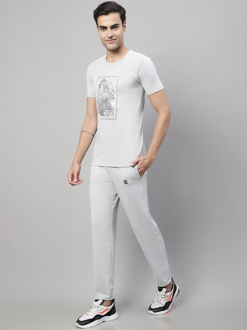 Mack Jonney Light Grey Cotton Printed Co-ord Set Tracksuit For Men(Zip On 1 Side Pocket)