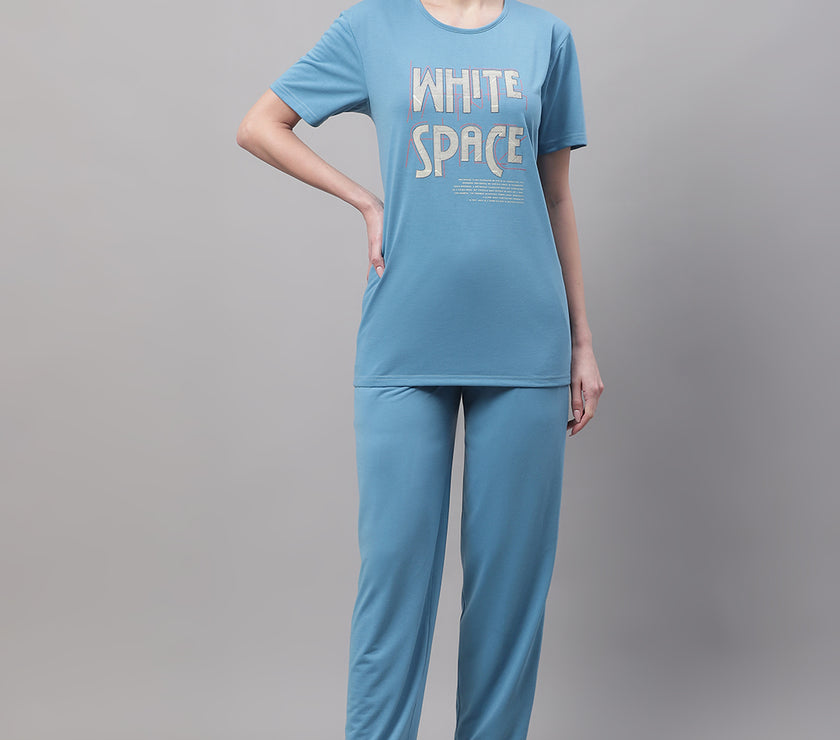 Mack Jonney Blue Cotton Printed Co-ord Set Tracksuit For Women