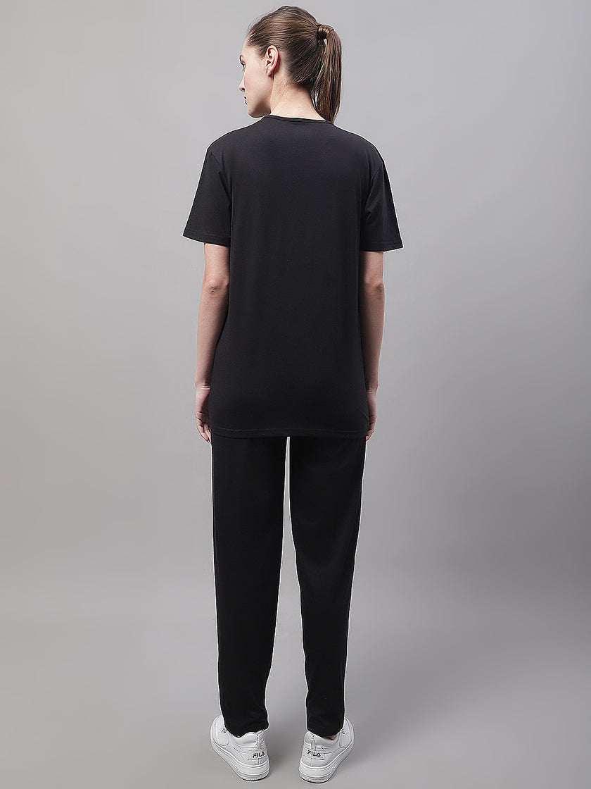 Mack Jonney Black Cotton Printed Co-ord Set Tracksuit For Women