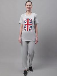 Mack Jonney Grey Melange Cotton Printed Co-ord Set Tracksuit For Women