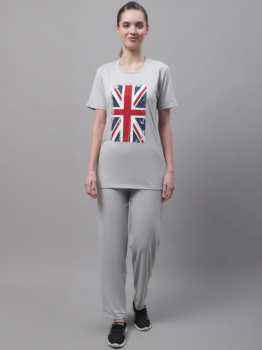 Mack Jonney Grey Melange Cotton Printed Co-ord Set Tracksuit For Women