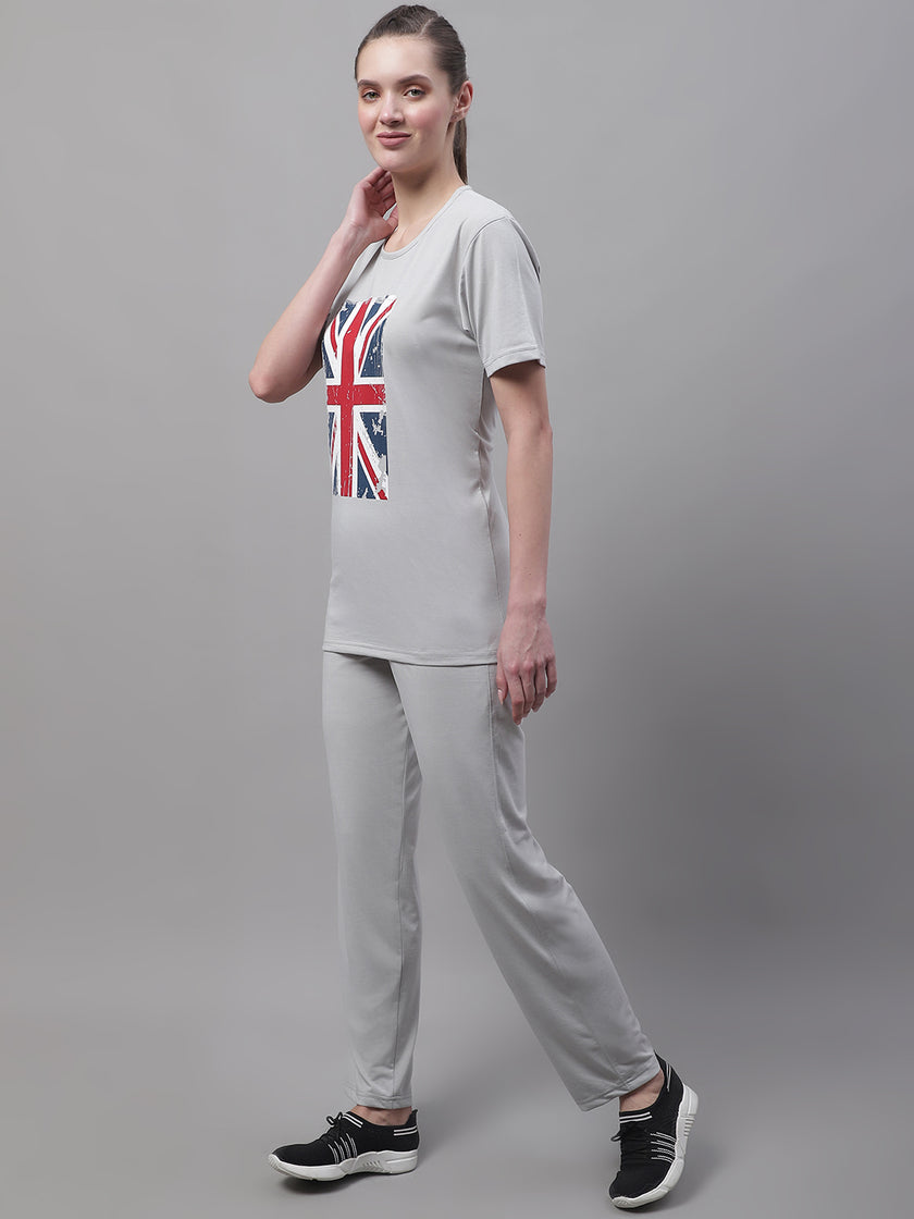 Mack Jonney Grey Melange Cotton Printed Co-ord Set Tracksuit For Women