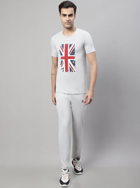 Mack Jonney Grey Melange Cotton Printed Co-ord Set Tracksuit For Men(Zip On 1 Side Pocket)