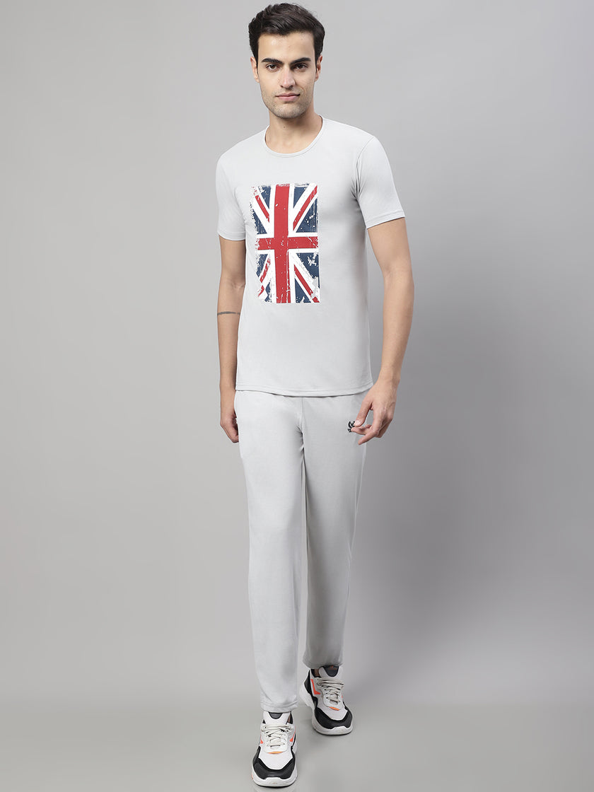 Mack Jonney Grey Melange Cotton Printed Co-ord Set Tracksuit For Men(Zip On 1 Side Pocket)