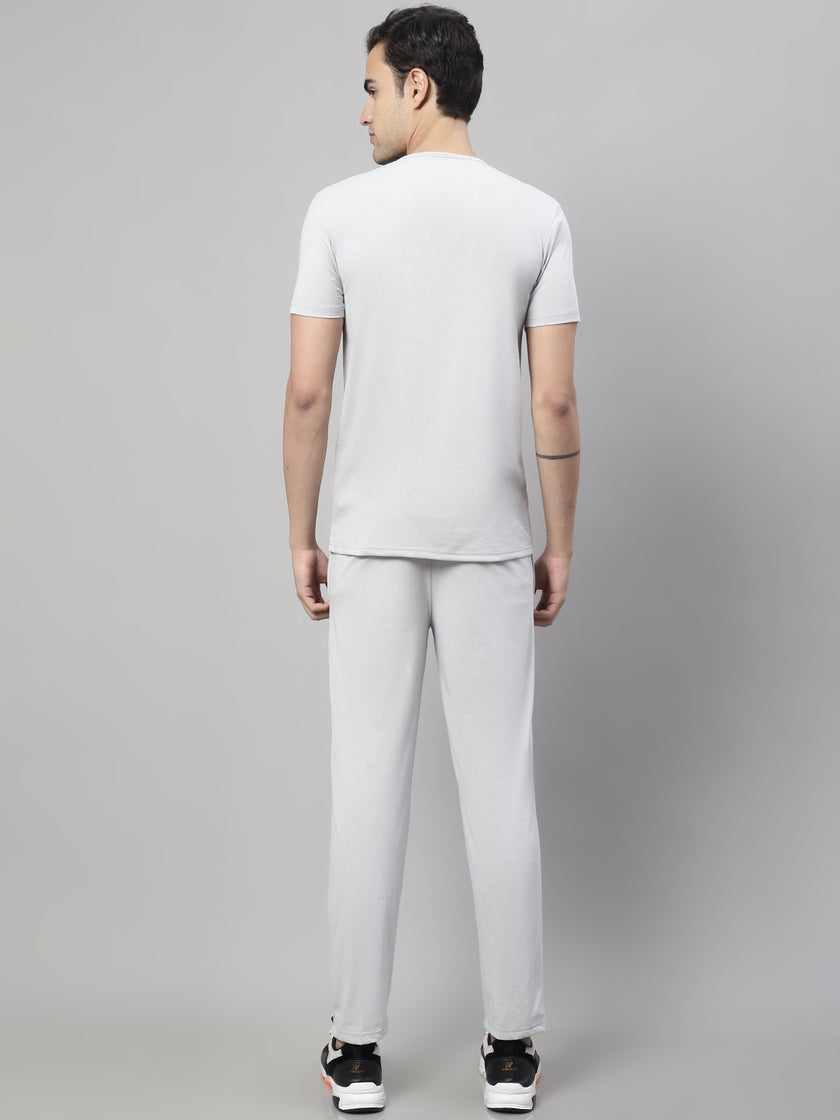 Mack Jonney Grey Melange Cotton Printed Co-ord Set Tracksuit For Men(Zip On 1 Side Pocket)