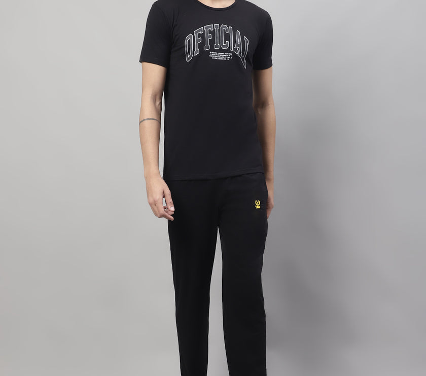 Mack Jonney Black Cotton Printed Co-ord Set Tracksuit For Men(Zip On 1 Side Pocket)