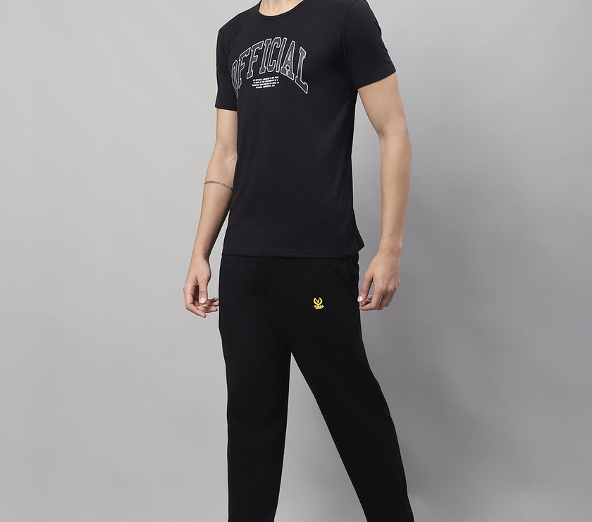 Mack Jonney Black Cotton Printed Co-ord Set Tracksuit For Men(Zip On 1 Side Pocket)