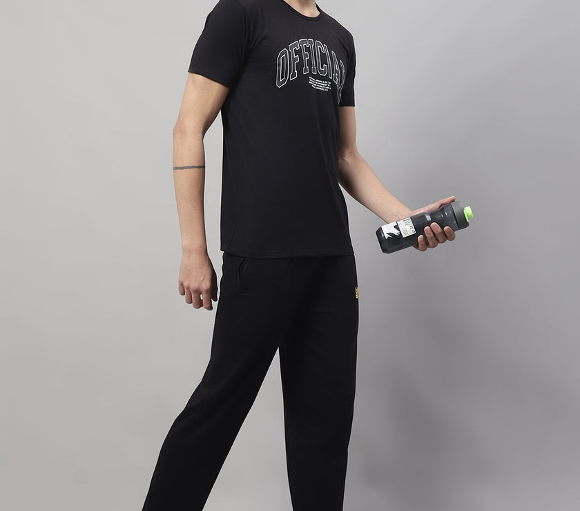 Mack Jonney Black Cotton Printed Co-ord Set Tracksuit For Men(Zip On 1 Side Pocket)