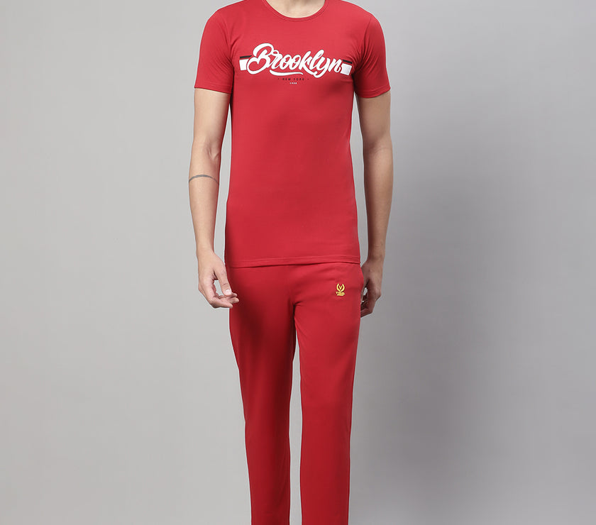 Mack Jonney Red Cotton Printed Co-ord Set Tracksuit For Men(Zip On 1 Side Pocket)