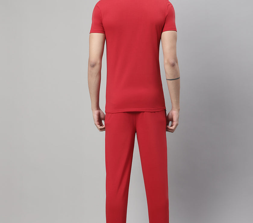 Mack Jonney Red Cotton Printed Co-ord Set Tracksuit For Men(Zip On 1 Side Pocket)