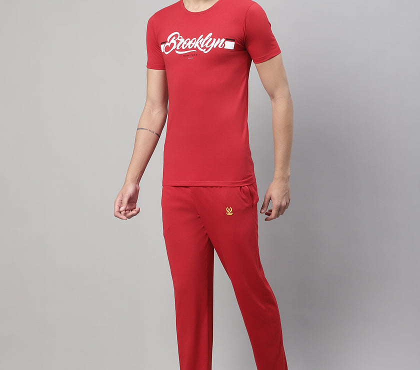 Mack Jonney Red Cotton Printed Co-ord Set Tracksuit For Men(Zip On 1 Side Pocket)