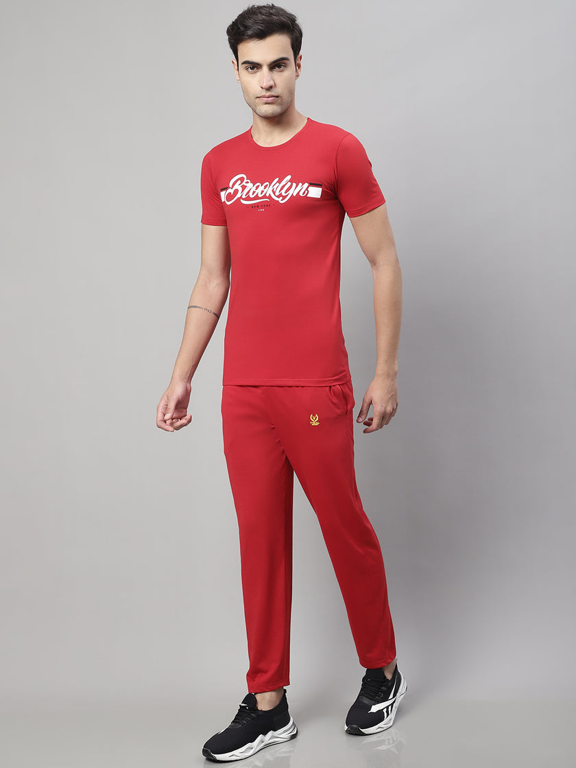 Mack Jonney Red Cotton Printed Co-ord Set Tracksuit For Men(Zip On 1 Side Pocket)