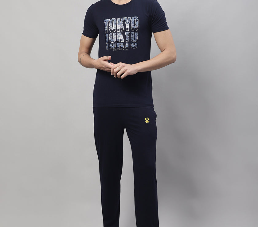 Mack Jonney Navy Blue Cotton Printed Co-ord Set Tracksuit For Men(Zip On 1 Side Pocket)