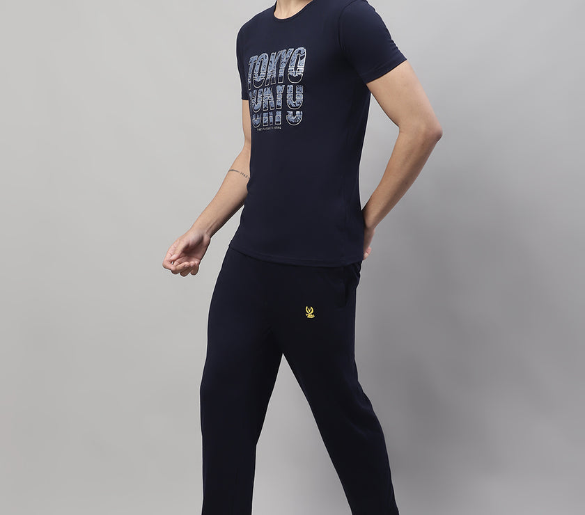 Mack Jonney Navy Blue Cotton Printed Co-ord Set Tracksuit For Men(Zip On 1 Side Pocket)