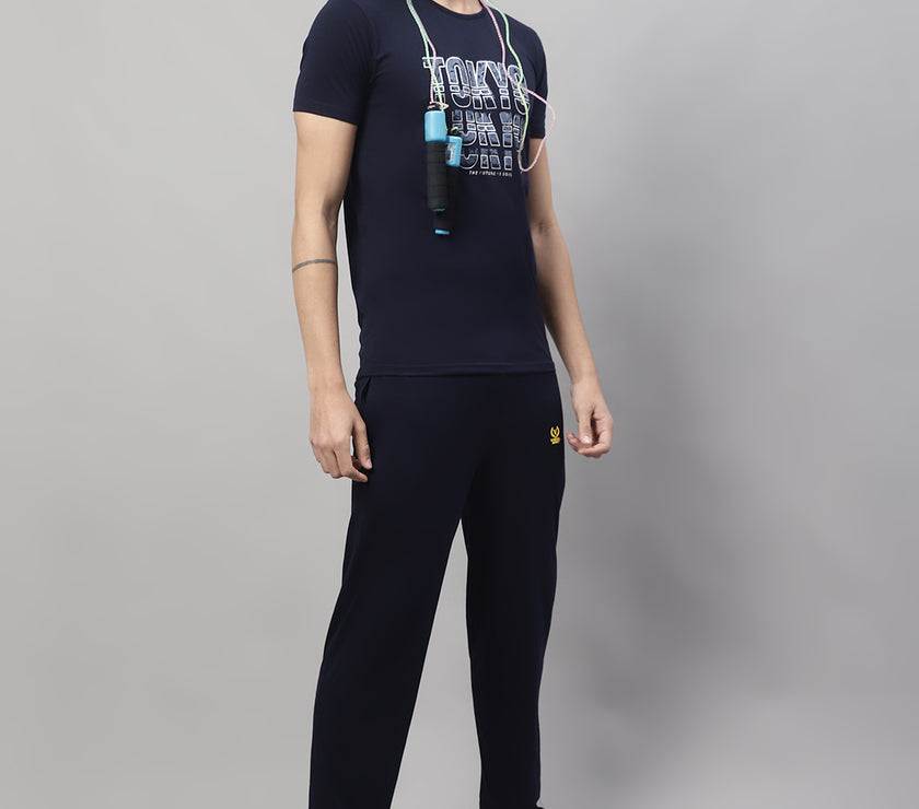 Mack Jonney Navy Blue Cotton Printed Co-ord Set Tracksuit For Men(Zip On 1 Side Pocket)