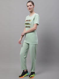 Mack Jonney Light Green Cotton Printed Co-ord Set Tracksuit For Women