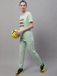 Mack Jonney Light Green Cotton Printed Co-ord Set Tracksuit For Women
