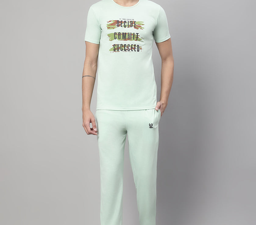 Mack Jonney Light Green Cotton Printed Co-ord Set Tracksuit For Men(Zip On 1 Side Pocket)